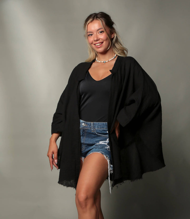 Moa - Moon Phases Muslin Kimono Robe / Poncho: Black