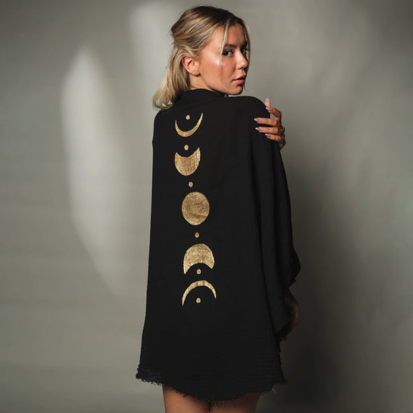 Moa - Green Muslin Kimono Robe with Golden Moon Phases / Poncho: Black