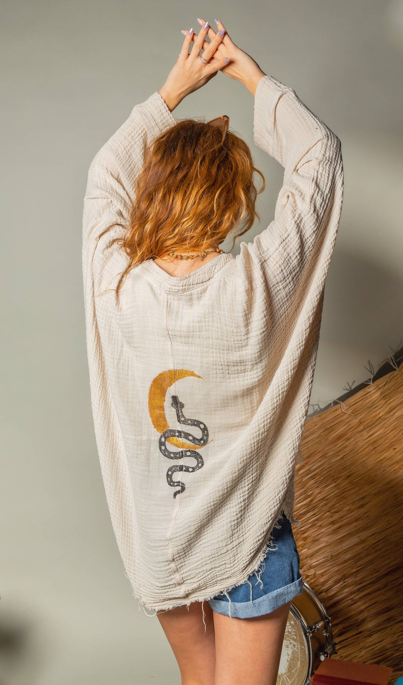 Moa - Snake and Moon Celestial Muslin Kimono Robe / Poncho