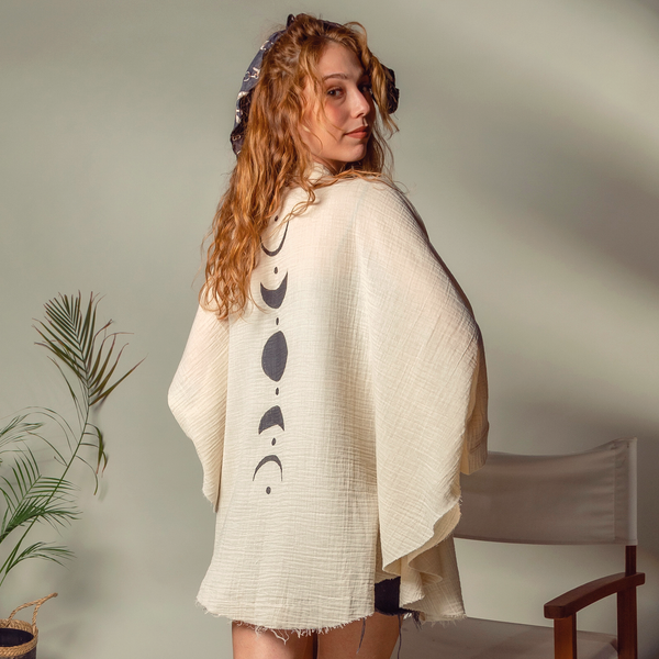 Moa - Moon Phases Muslin Kimono Robe / Poncho: Black