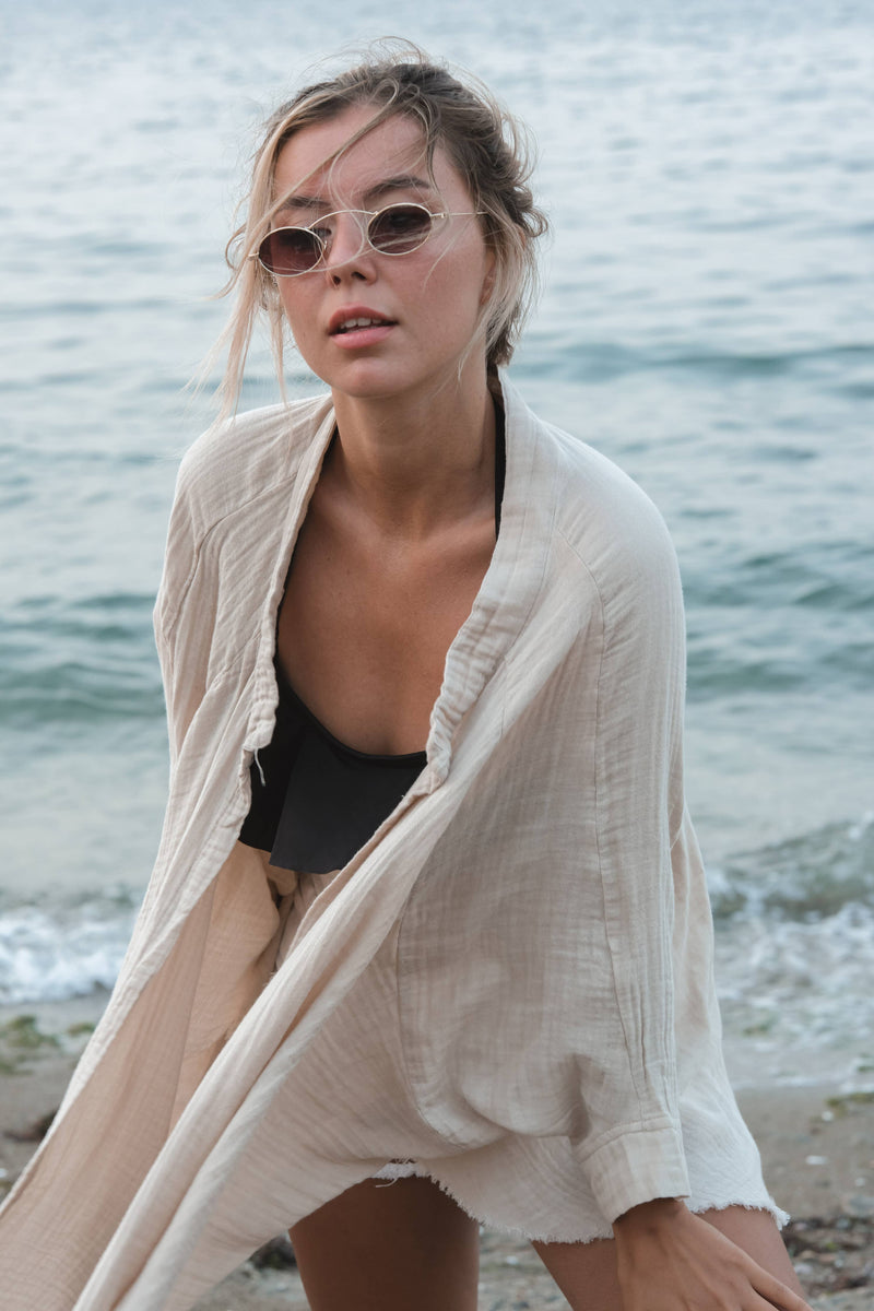 Moa - Moon Phases Muslin Kimono Robe / Poncho: Black