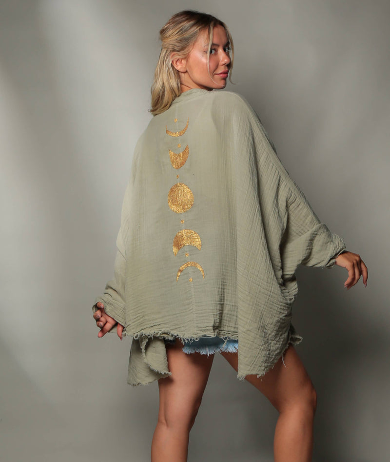 Moa - Green Muslin Kimono Robe with Golden Moon Phases / Poncho: Black