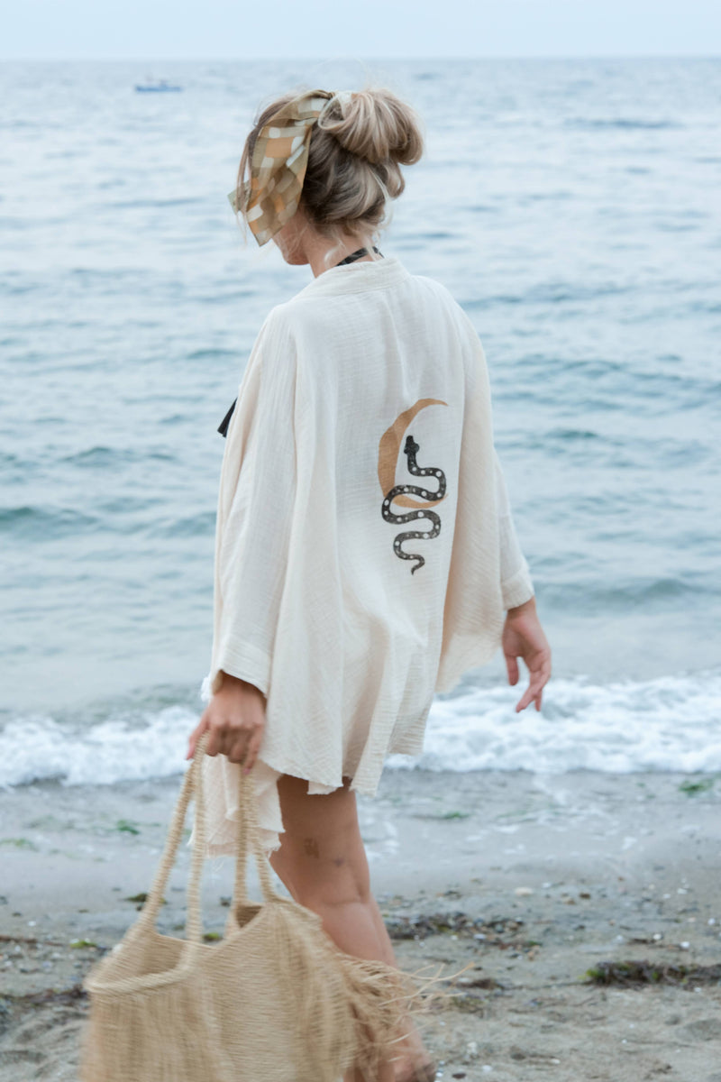 Moa - Snake and Moon Celestial Muslin Kimono Robe / Poncho