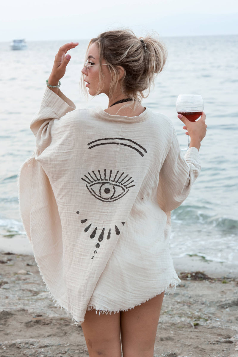Moa - Black Evil Eye Muslin Kimono Robe / Poncho : Black