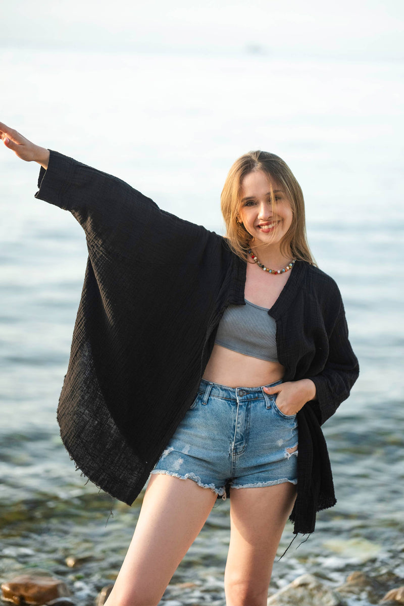 Moa - Black Evil Eye Muslin Kimono Robe / Poncho : Black