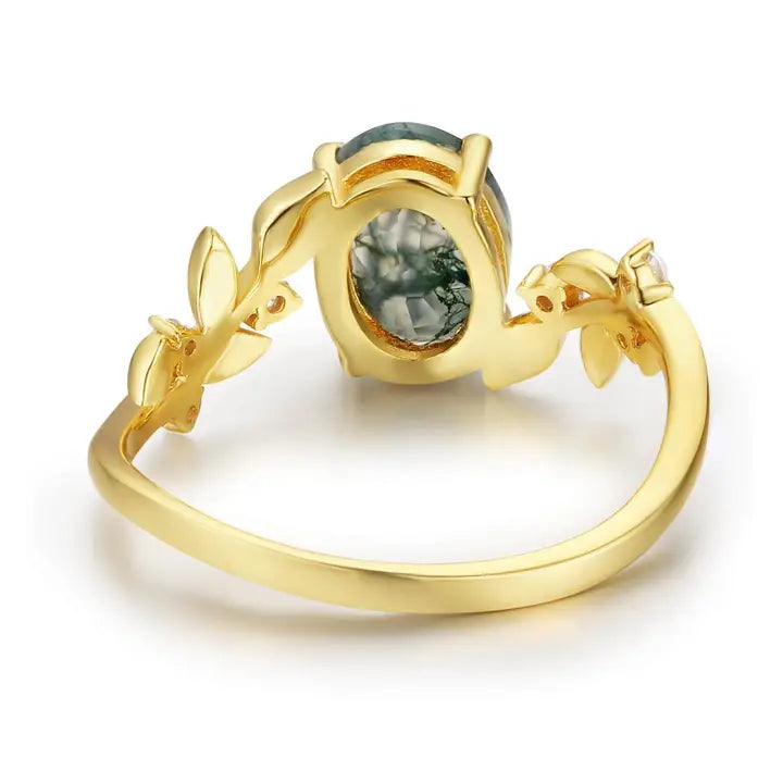 Between the Leaf Oval Moss Agate Ring (Yellow Gold)