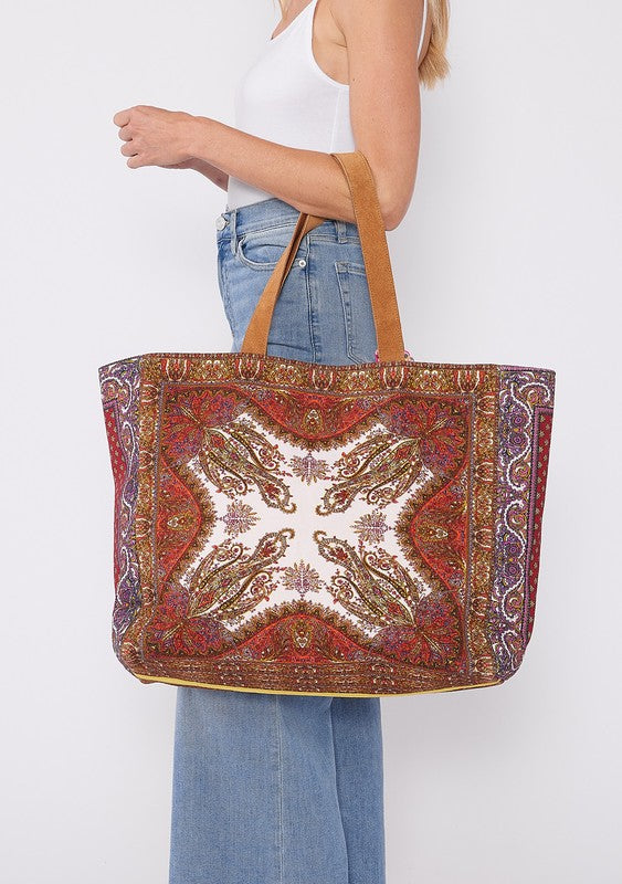 Scarf Print Tote With Beading