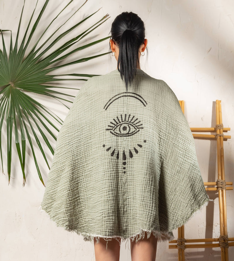 Moa - Black Evil Eye Muslin Kimono Robe / Poncho : Black