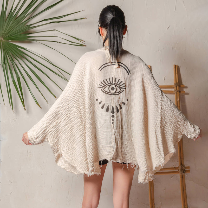 Moa - Black Evil Eye Muslin Kimono Robe / Poncho : Black