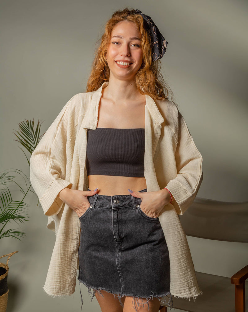 Moa - Green Muslin Kimono Robe with Golden Moon Phases / Poncho: Black