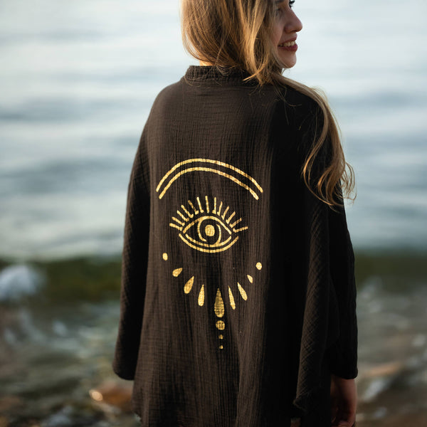 Moa - Black Evil Eye Muslin Kimono Robe / Poncho : Black