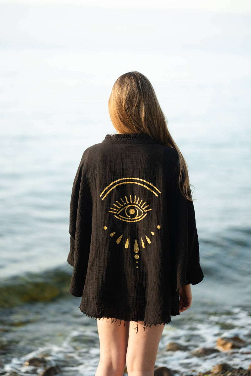 Moa - Black Evil Eye Muslin Kimono Robe / Poncho : Black
