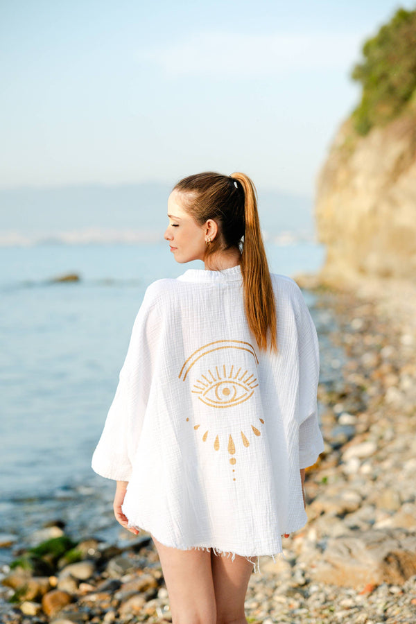 Moa - Black Evil Eye Muslin Kimono Robe / Poncho : White
